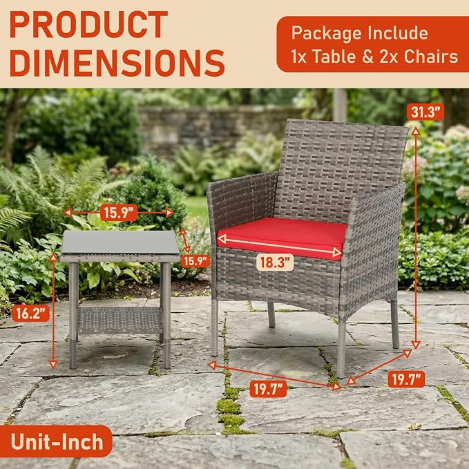 3 Pieces Patio Furniture Outdoor Bistro Set Outdoor&Indoor Conversation Set Coffee Table Chairs Set for 2 with Water-Resistant Cushions for Lawn Yard Garden Porch Balcony and Pool,Grey and Red