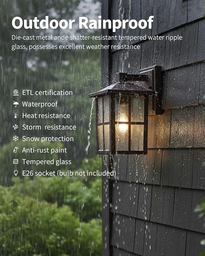 KDG Brown Outdoor Waterproof Modern Patio Wall Light Fixtures Set of 2 | E26 Socket Exterior Lanterns & Sconce with Tempered Glass, Wall Mounted Lamps for Home, Front Door, Garden, Garage, Porch
