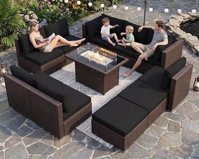 BULEXYARD 11 Piece High Back Outdoor Furniture Set with Firepit, Cozy Patio Conversation Set with Ottoman Modular, Extra Wide Deep 10-Seats Sectional Couch Sofa for Yard, Brown Rattan & Black Cushion