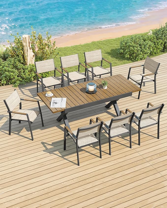 Teak Expandable Outdoor Dining Table for 8, Never-Rust Aluminum Patio Dining Table, 63''-83'' X-Shaped Extendable Dining Table with Umbrella Hole for Garden Porch Deck Indoor or Outdoor Meals