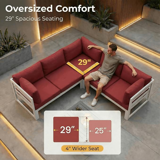 NICESOUL 6 Person Modern Aluminum Outdoor Patio Furniture Set, 29" Wide Deep Seating, Fade & Water Resistant L Shaped Modular Sectional Couch, Large Comfy Conversation Set for Backyard Terrace, Red