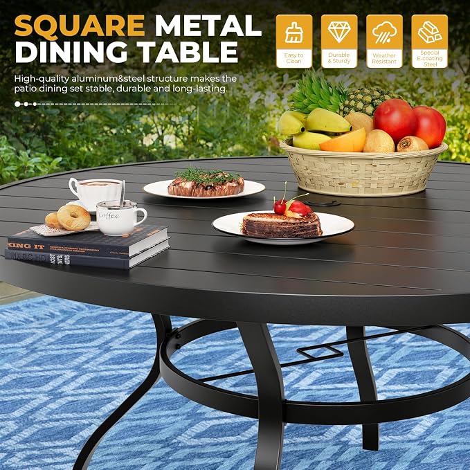 Incbruce 8 PCS Patio Dining Set with Sky Blue Umbrella, Outdoor Dining Set of 6 Textilene Chairs and 53" Round Table with Umbrella Hole for Backyard, Garden, and Poolside (Grey)