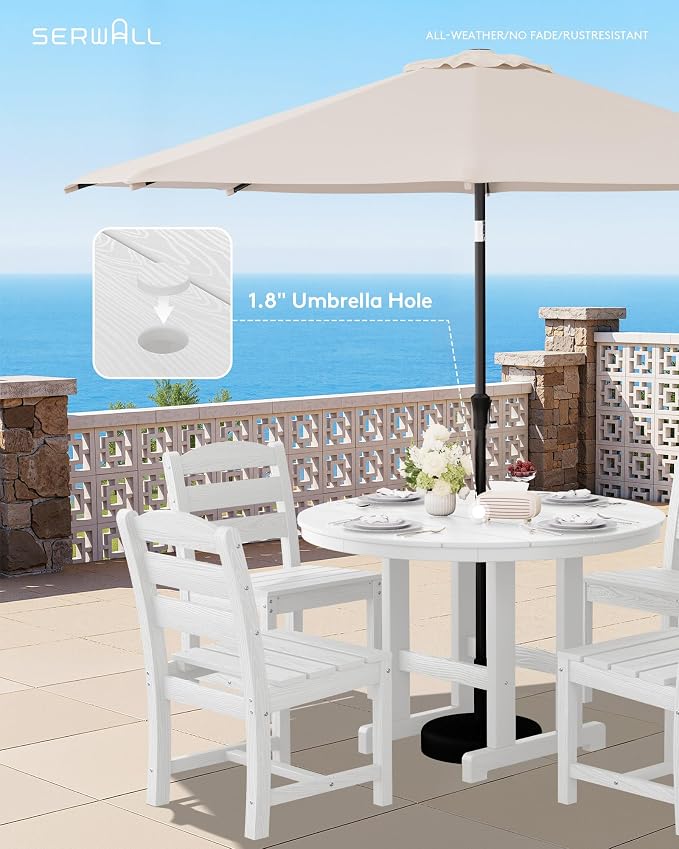 SERWALL 5-Piece Patio Dining Sets, HDPE Outdoor Table and Chairs Furniture Set, 45" Round Dining Table and 4 Armless Dining Chairs, White