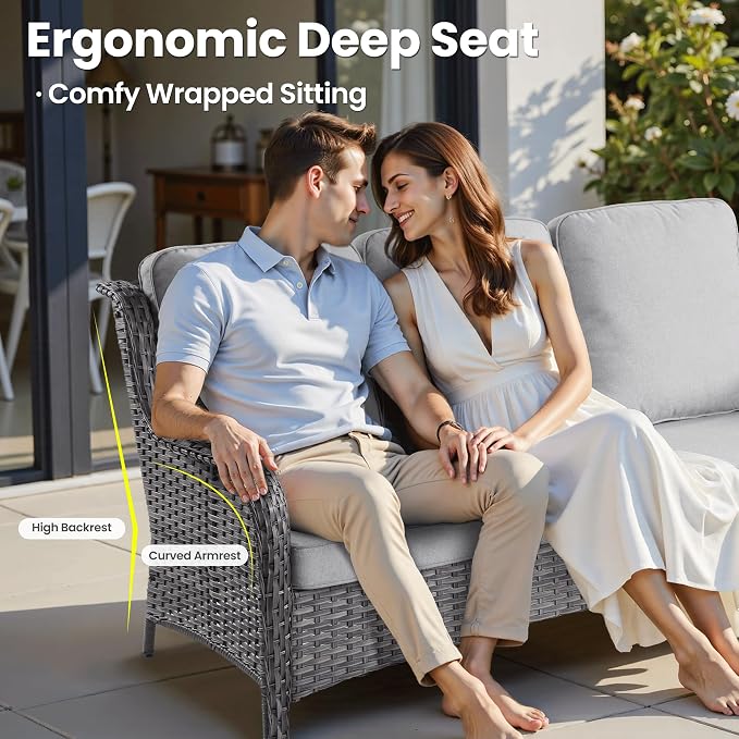 ovios 6-Pieces Patio Furniture Set, Outdoor Wicker Sofa Couch with Swivel Glider Chairs Comfy Cushions, High Back Modern Conversation Set, Grey Rattan, Grey
