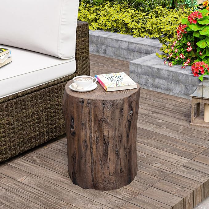 HOMPUS Concrete Outdoor Side Table,Tree Stump Modern Round Accent Table,Plant Stand Faux Wood End Garden Stool for Patio,Home Decor, Living Room(Walnut)