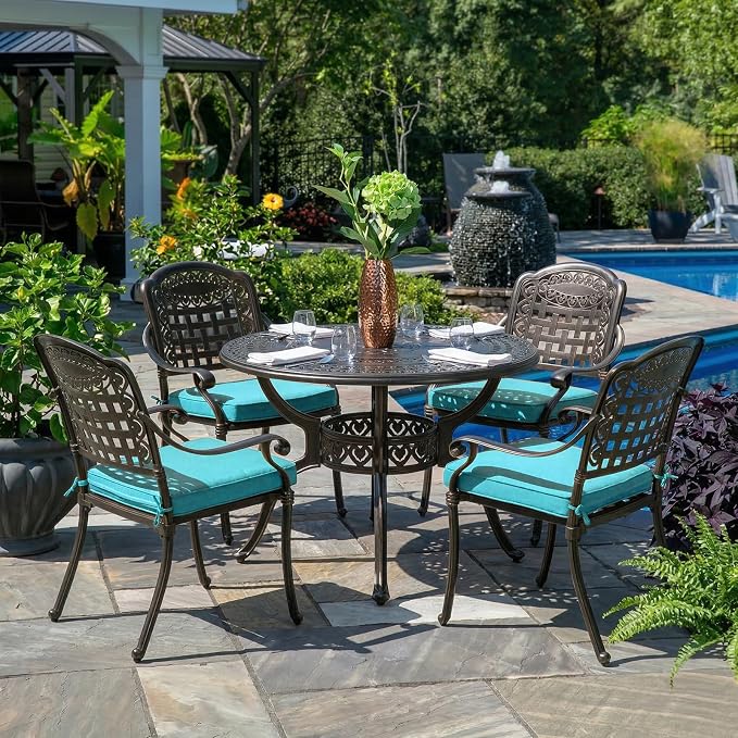 5-Piece Outdoor Patio Dining Set, All-Weather Cast Aluminum Furniture Conversation Set, Include 4 Cushioned Chairs and a 38.5” Round Table with Umbrella Hole for Balcony, Lawn, Ocean Blue