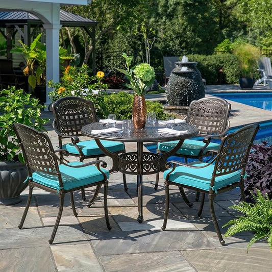 5-Piece Outdoor Patio Dining Set, All-Weather Cast Aluminum Furniture Conversation Set, Include 4 Cushioned Chairs and a 38.5” Round Table with Umbrella Hole for Balcony, Lawn, Ocean Blue