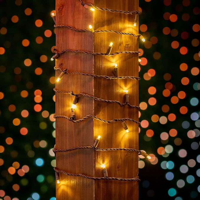 Novelty Lights 12-Pack CASE 50ft 100 LED Warm White Christmas String Lights, 6" Spacing on Brown Wire, UL Listed IP55 Commercial Grade Xmas Lights for Outdoor/Indoor, Dimmable, Connectable