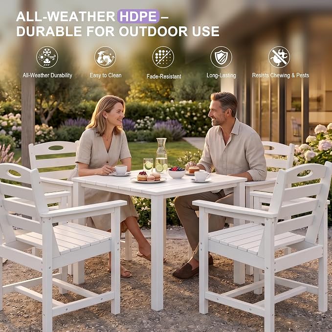 Domi HDPE Outdoor Dining Set, All-Weather Outdoor Dining Table Set of 3 with 2" Umbrella Hole, Outdoor Patio Dining Set for Garden, Poolside, Backyard, Deck, White
