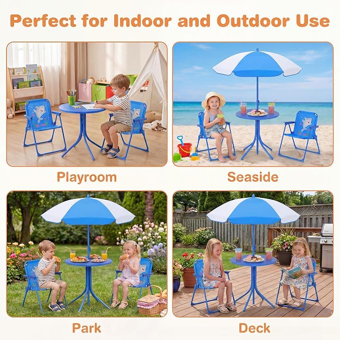 KOTEK Kids Picnic Table with Umbrella, Outdoor Table & 2 Folding Chairs, Cute Pattern Children’s Patio Furniture, Portable Kids Table and Chair Set for Backyard, Garden, Beach (Blue Ocean)