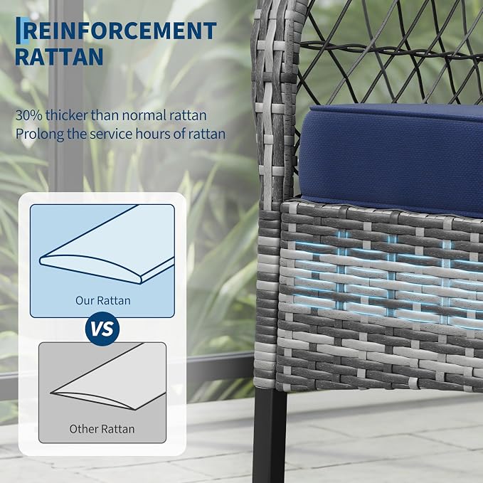 GarveeLife 3 Piece Outdoor Wicker Rocking Chair Set, Hollow Rattan Rocker Chairs with Side Table, Gray Gradient Wicker with Blue Cushions for Patio, Porch, Backyard