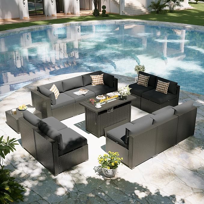Aoxun Patio Furniture Set with Fire Pit Table, 12 Piece Outdoor Sectional Sofas, 10 Seats Wicker Rattan Outdoor Furniture with Thickened Cushion for Backyard, Garden Dark Grey