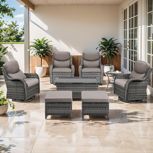Outdoor Swivel Rocker Patio Chairs Set of 4 with Ottoman Coffee Table - 5" Thick Cushion 8 Piece Furniture Set All Weather Comfortable Wicker Conversation Set for Porch Deck - Gray/Gray