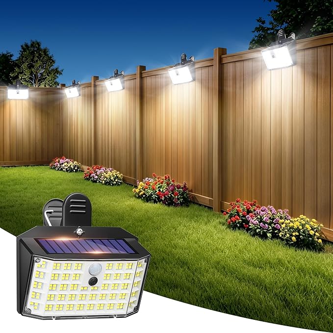 LUHLEE 176LED Clip on Solar Lights Outdoor, 800LM Solar Motion Lights Outdoor with 180° Wide Angle, IP65 Waterproof Portable Solar Fence Lights Outdoor for Fence, Gutter, Garden, Camping, Patio 1Pack