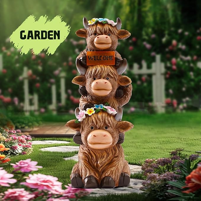 twinbling Garden Highland Cow Statue Solar Outdoor Decor | Flower Decoration Funny Triple Highland Cow Decor Birthday Gifts for Women Mom Figurine for Yard Garden Patio Lawn Ornaments