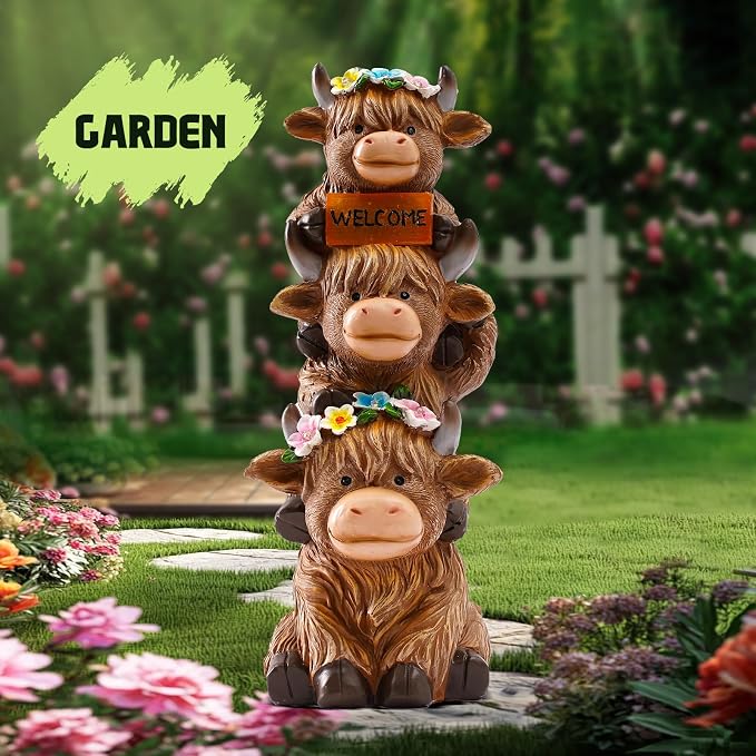 twinbling 16 in Large Solar Garden Highland Cow Statue | Big Garden Sculptures with Flower Decoration Birthday Gifts for Women Mom Yard Decor for Garden Patio Lawn Ornaments