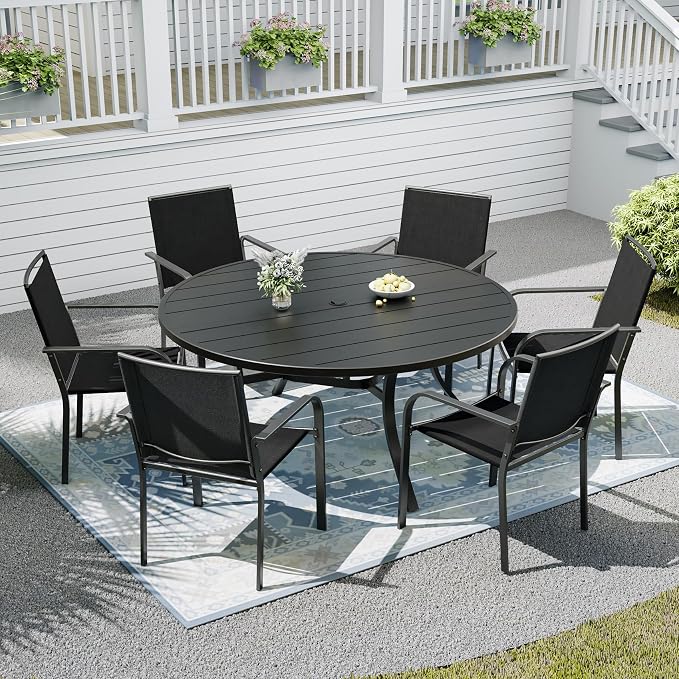 Patio Table and Chairs Set for 6 Person,54" Round Steel Slat Outdoor Table with 6PCS Breathable Textilene Stackable Chairs for Deck/Backyard/Poolside/Garden