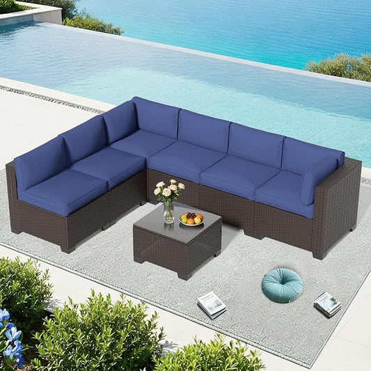 YLGJ&TIDY 7-Piece Outdoor Sectional Patio Furniture Set, All-Weather Wicker Rattan Sofa w/Thick Washable Cushions & Tempered Glass Table, Perfect for Garden, Poolside, Backyard (7, Navy Blue)