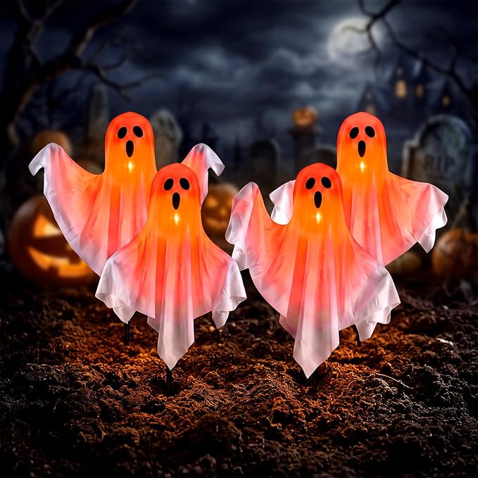 4Pack Halloween Outdoor Pathway Lights, Plug In LED White Ghost Decor Light | 11.5Ft Connectable, Dimmable, Hanging, Indoor and Outdoor for Sidewalk Lawn Garden Porch Balcony Ghost Party Halloween Decor