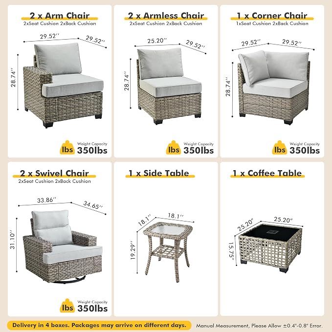 9 Pcs Outdoor Sectional Patio Furniture Set with Swivel Rocking Chairs - All Weather Wicker Modular Outside Sectional Couch,Patio Seating Outdoor Conversation Set for Deck Yard Garden,Grey