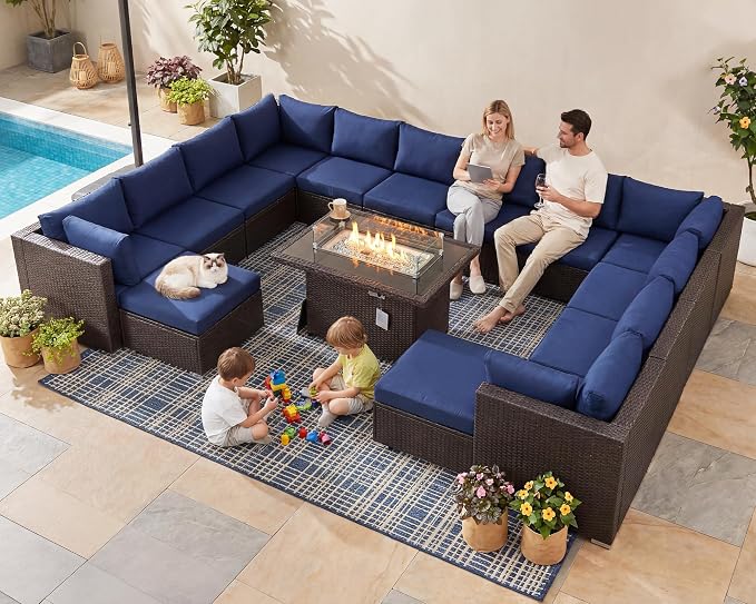 BULEXYARD 15 Piece Highback Wicker Patio Furniture Sets with Firepit, All-Weather Heavy Duty Outdoor Conversation Set Modular, Extra Deep Wide 14-Seats Sectional Couch Sofa for Backyard, Brown & Blue