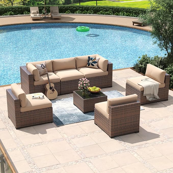 Aoxun 7 Piece Patio Furniture Set Wicker Rattan Patio Conversation Set Outdoor Sectional Sofa Set with Coffee Table and Thickened Cushions, Beige