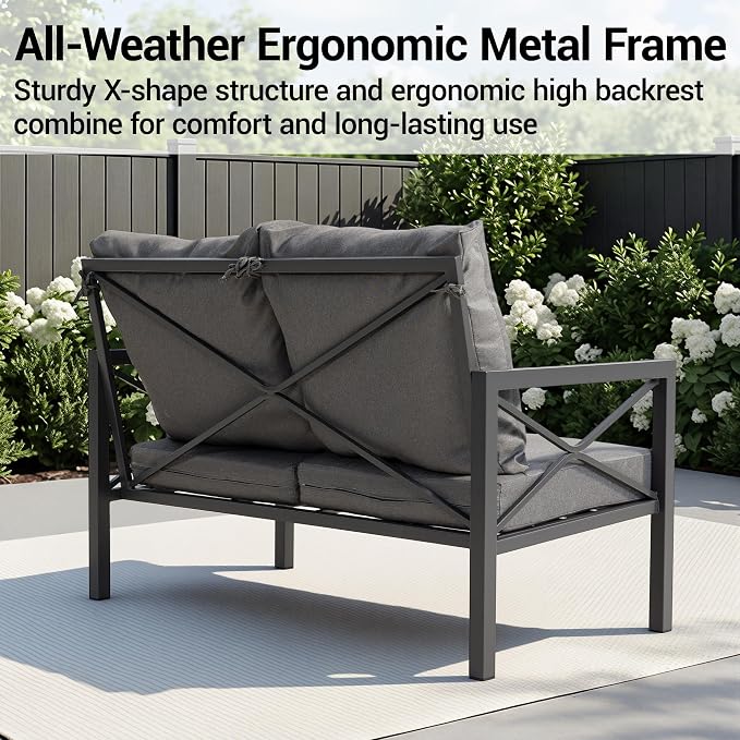 2-Piece All-Weather Metal Patio Furniture Set, Cushioned Loveseat 2 Seats Sofa Bench w/Coffee Table, Heavy Duty Steel Frame & Washable Cushions for Backyard Garden (Grey)