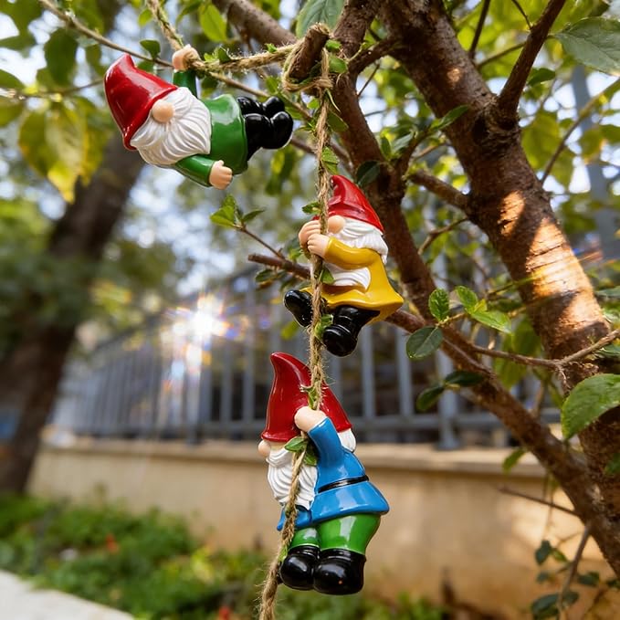 Garden Gnomes Hanging Solar Lights, 3-Pack Climbing Rope Gnome Statues with LED Lantern, Resin Outdoor Decor for Yard Patio Door Tree Fence Wall, Housewarming Gifts for Women Mom Grandma