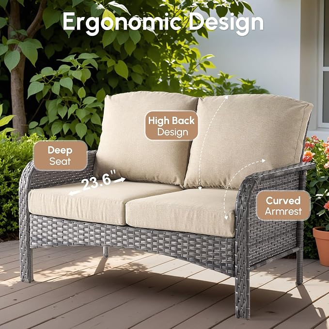7 PCS Patio Outdoor Furniture Set with Swivel Rocking Chairs,All Weather Wicker Rattan Patio Seating Sofa and Chairs Set,Outdoor Conversaiton Sets for Deck Yard Prrch Garden Poolside,Beige