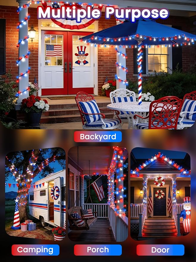 2-Pack 80 LED 39FT Red White and Blue Solar Globe String Lights Outdoor | LED Patriotic Lights, Waterproof, Solar American Flag Lights, 8 Modes 4th of July Decorations for Independence Memorial Day