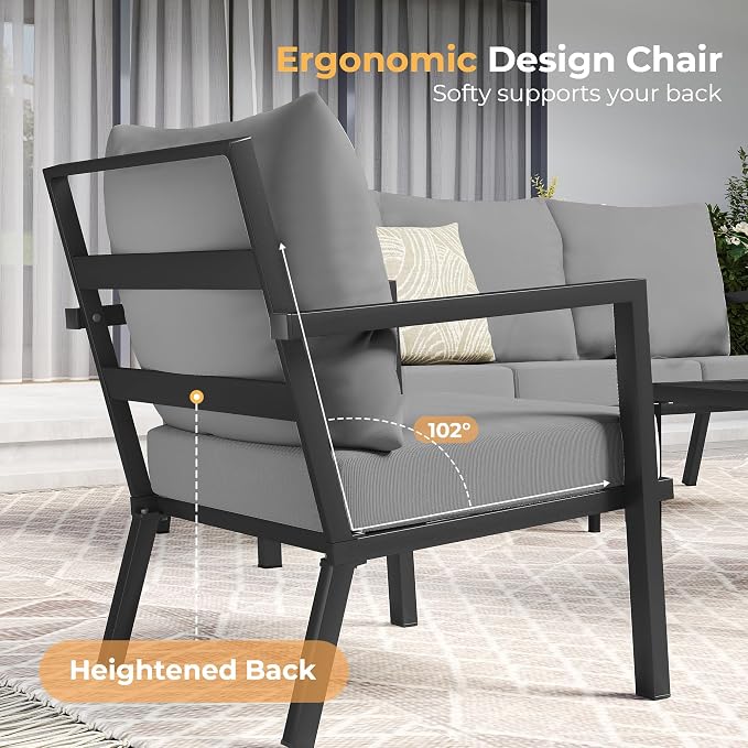 HAPPATIO Aluminum Patio Furniture Set, 3 Pieces Conversation Set with Thick Cushions and Side Table, Waterproof and Rustproof for All Weather, Seating Sofa for Garden, Backyard, Porch, Black