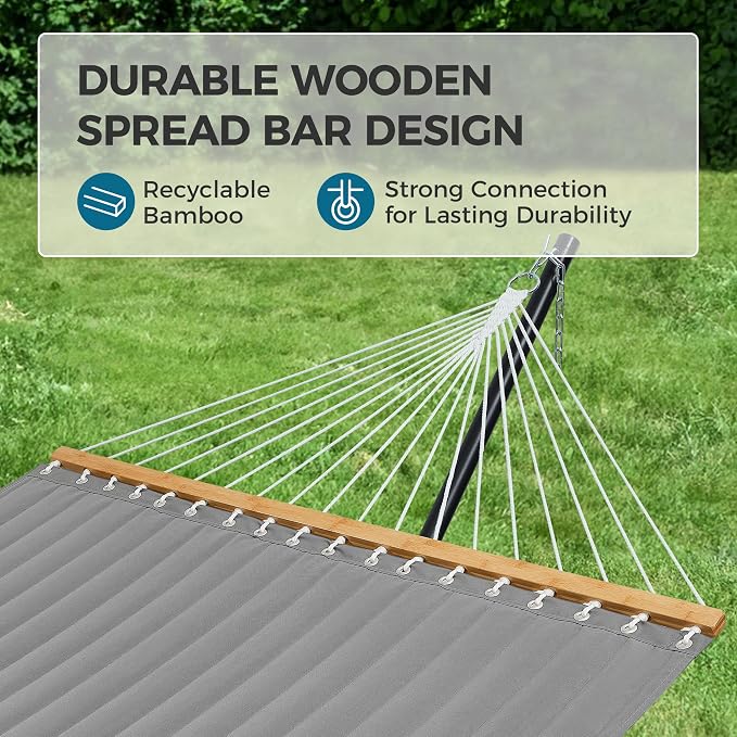 SUPERJARE Hammock with Stand, 2 Person Quilted Outdoor Hammock, Detachable Pillow & Bamboo Spreaders, Portable Hammock with Carrying Bag, Heavy Duty Stand, Perfect for Outside, Patio, Gray