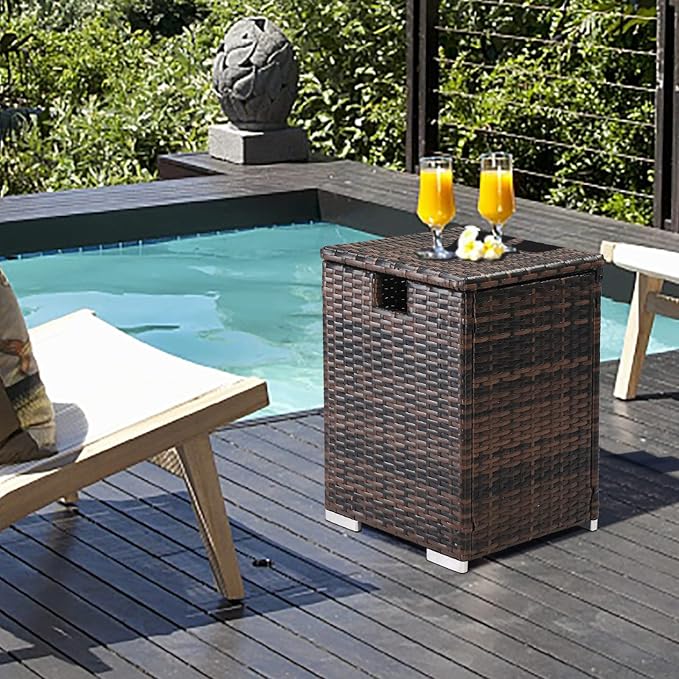 15.7" Patio Rattan Wicker Side Table,16 Gallon Small Outdoor Rattan Storage Bin,Outdoor Wicker Side Table,All-Weather Storage Box,with Lid,for Garden Porch Deck Backyard (Brown)