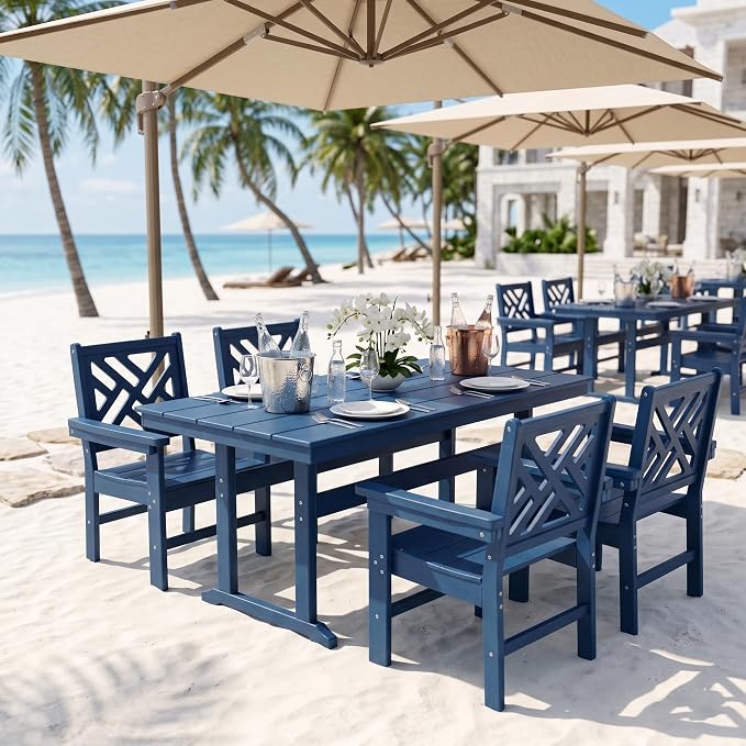 HDPE Dining Table Set for 4,5-Piece Outdoor Table and Chairs Include 4 Dining Chairs and 62.5" Patio Dining Table with Umbrella Hole (Blue)