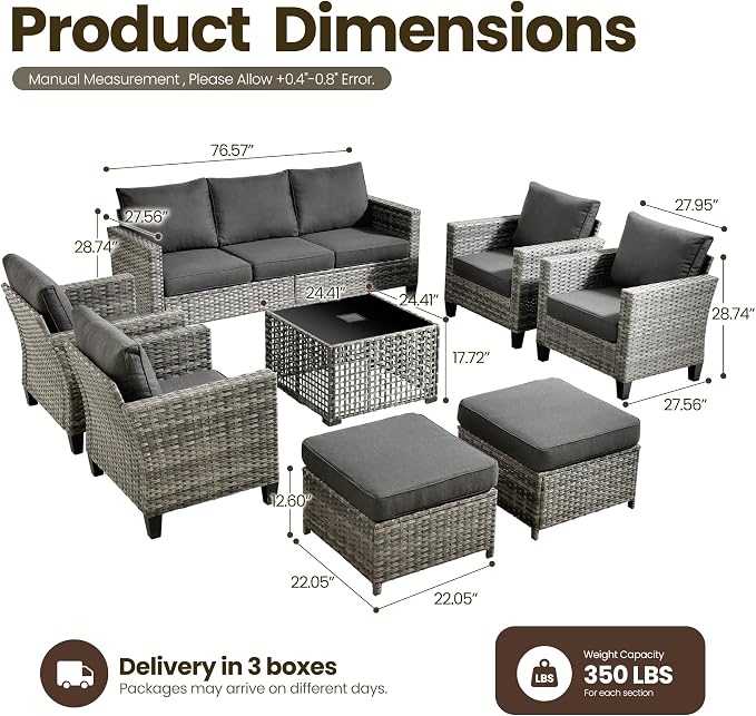 8 Piece Wicker Patio Furniture Set with Solar Table, Black | Outdoor Deep Seating Sofa Chair Ottoman, Solar Lights Table, All Weather Rattan, Modern Conversation Set, Porch Deck Backyard
