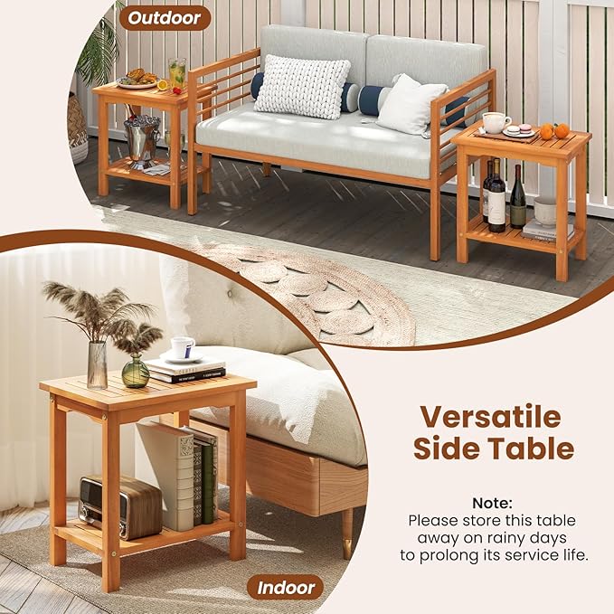 Tangkula Outdoor Side Table, 2-Tier Patio End Table with Slatted Tabletop & Storage Shelf, Acacia Wood Accent Bistro Table for Backyard, Poolside, Garden, Indoor, Natural (1)