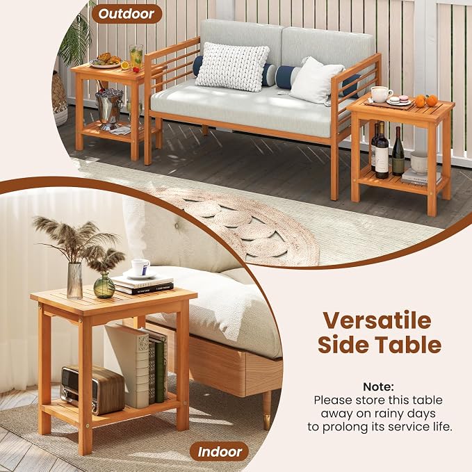Tangkula Outdoor Side Table, 2-Tier Patio End Table with Slatted Tabletop & Storage Shelf, Acacia Wood Accent Bistro Table for Backyard, Poolside, Garden, Indoor, Natural (2)