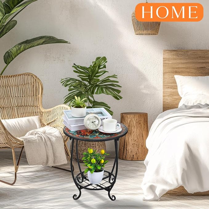 Cinnvoice Outdoor Side Table Round Small Mosaic Patio Accent Indoor End Plant Coffee Tea Table for Yard Patio Porch Garden Living Room, Bedroom(Butterfly B Style,14 Inch)