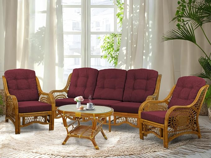 Malibu Lounge Set of 4: 2 Natural Rattan Wicker Chairs, Three-Seater Sofa with Cushions and Coffee Table with Glass Handmade, Colonial Color