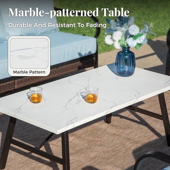 MIXPATIO Patio Furniture Set with Coffee Table, Outdoor Conversation Set with 2 x Fixed Chairs, 1 x 2-Seat Sofa, 1 x 3-Seat Sofa for Lawn Garden Backyard, Blue