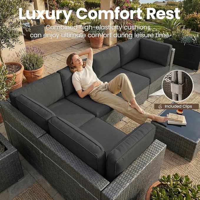 10 Pieces Patio Furniture Set with 44" Propane Gas Fire Pit Table, Outdoor Sectional Wicker Conversation Sofa Sets with Coffee Table