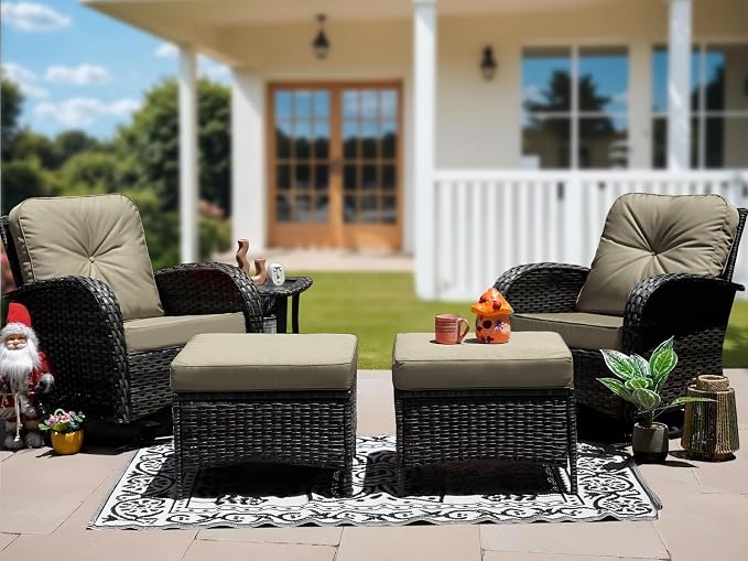 Patio Furniture Conversation Set with Ottomans, 5 Piece Wicker Patio Swivel Rocking Chairs with 360° Swivel Glider and Glass Coffee Table for Porch, Deck, Garden,Beige