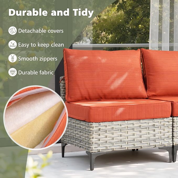 CAODOC 11-Piece Outdoor Sectional Sofa Set w/ 54" Fire Pit – L-Shaped Wicker Patio Furniture, Deep Seating & Swivel Rockers,Red-Striped