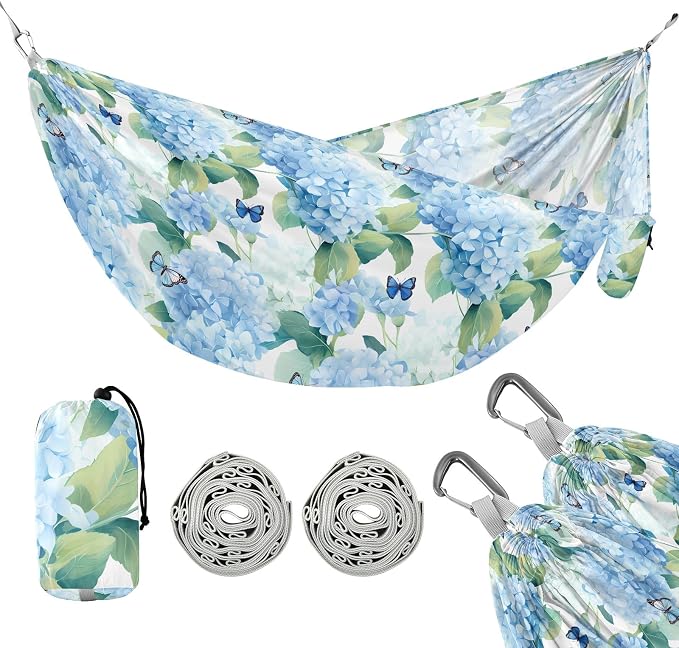 Camping Hammock Outdoor Hammocks for Outside Hydrangea Blue Butterfly Beach Trees Portable Lightweight with Pockets Tree Straps Indoor Small