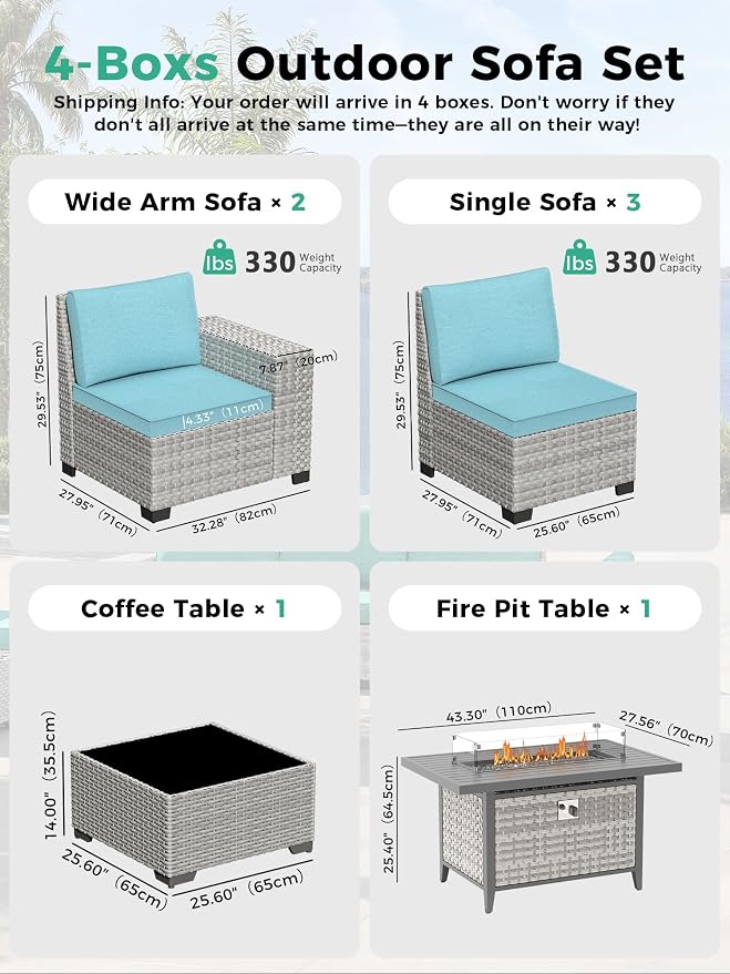 7 Piece Outdoor Wicker Sectional Sofa Set with Fire Pit Table, 5-Seats Conversation Set with 4" Thickened Cushions & Coffee Table, All-Weather PE Rattan for Garden, Backyard, Porch, Turquoise
