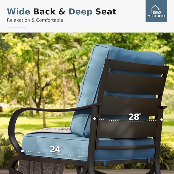 MFSTUDIO 8 Pieces Patio Furniture Sets with 45" Gas Fire Pit Table(Up to 9 Seat), Outdoor Metal Conversation Sofas with 1 x 3-Seat Sofa, 2 Single Chairs, 2 Rocking Chairs and 2 Ottoman, Navy Cushion