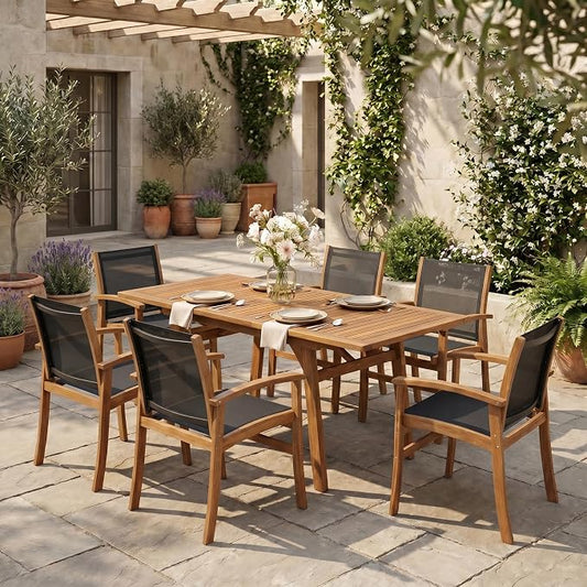 SUNSITT 7-Piece Outdoor Patio Dining Set, 55" - 71" Acacia Wood Expandable Table & 6 Breathable Textilene Mesh Chairs, All-Weather Patio Furniture w/Umbrella Hole for Backyard, Deck, Garden, Black
