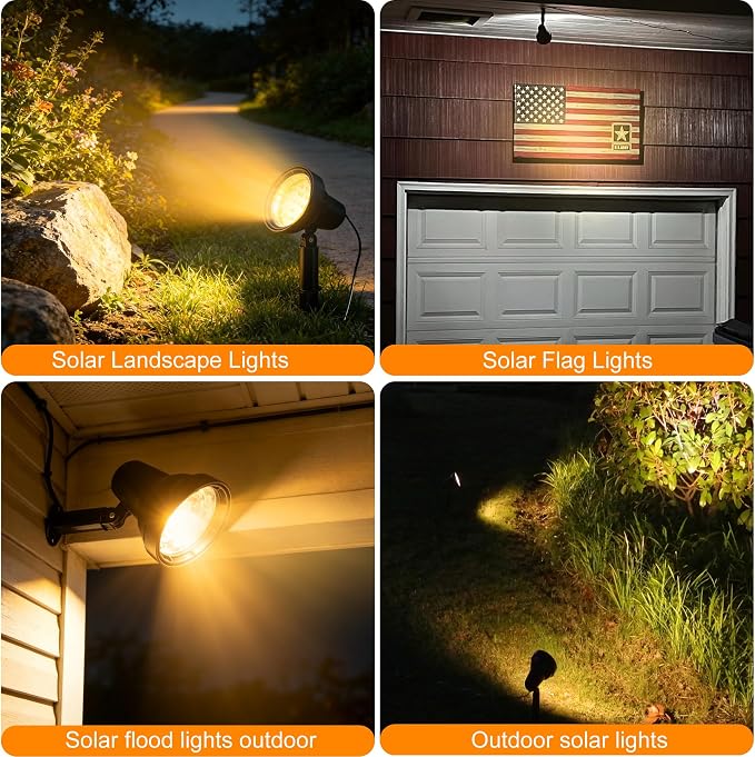 SUNLONG Solar Powered Spot Lights Outdoor Waterproof 2 in 1 Bright Solar SpotLights Power Adjustable for Flag Yard Flagpole Landscape Dusk to Dawn 2 x Spots Warm White