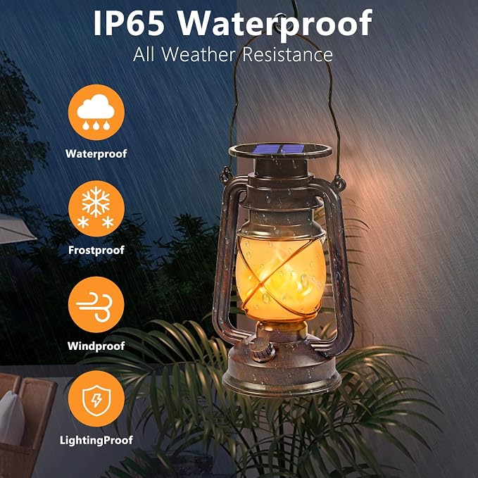 Solar Lanterns Outdoor Waterproof, 4 Pack Vintage LED Hanging Lights | Dancing Flame with Auto On/Off, Bronze Ambient Lighting Decor for Porch, Garden, Yard, Pathway, Patio & Camping