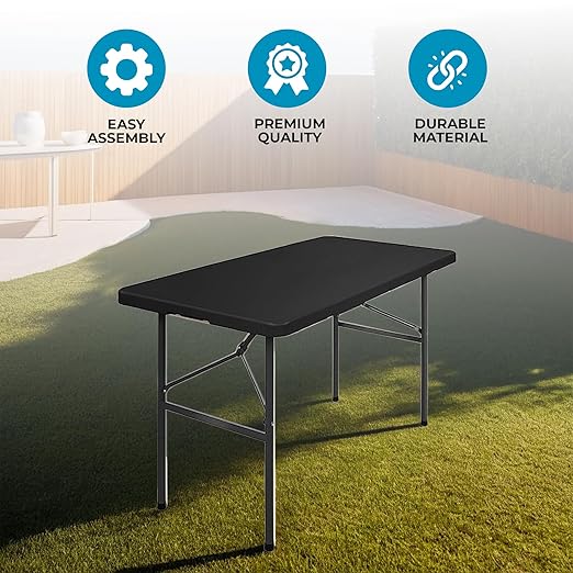 Simpli-Magic 4ft Portable Plastic Folding Table – Indoor & Outdoor Heavy-Duty Foldable Utility Table w/Handle for Party & Camping (Black)